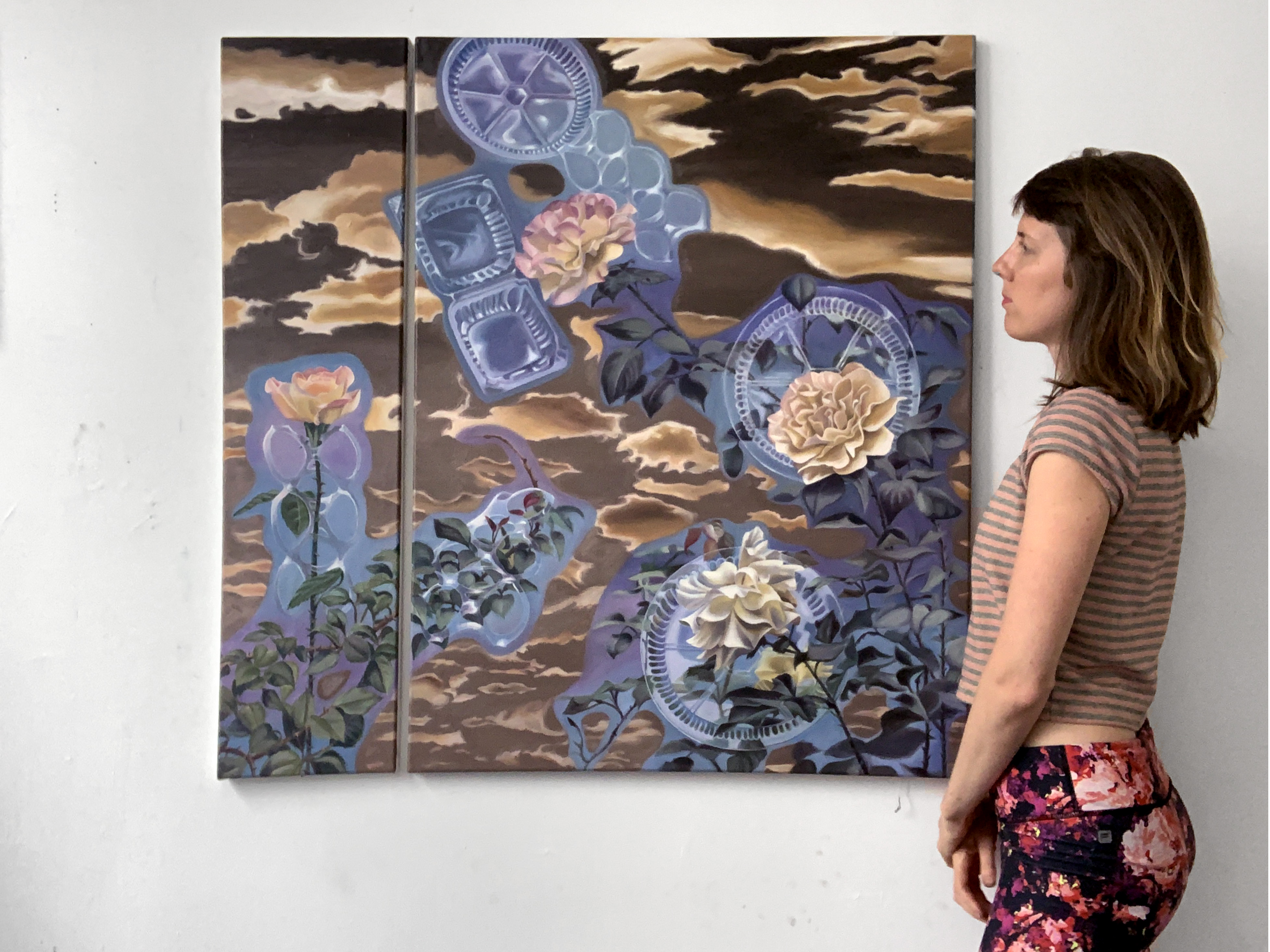 Green-Futuristic (Diptych)-with figure for scale, 40x10 & 40x30 2021 <br>oil on canvas